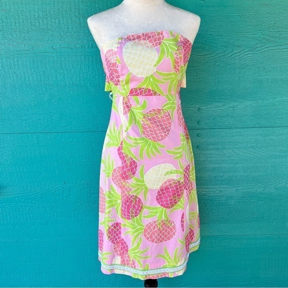 Lilly Pulitzer PINEAPPLE Strapless Dopamine Dress Pink Green Size 2 - Picture 2 of 6